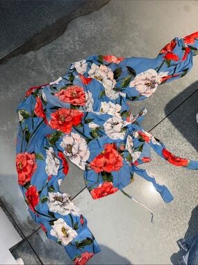 Blue Silk Floral Wrap Top with Red & White Blooms